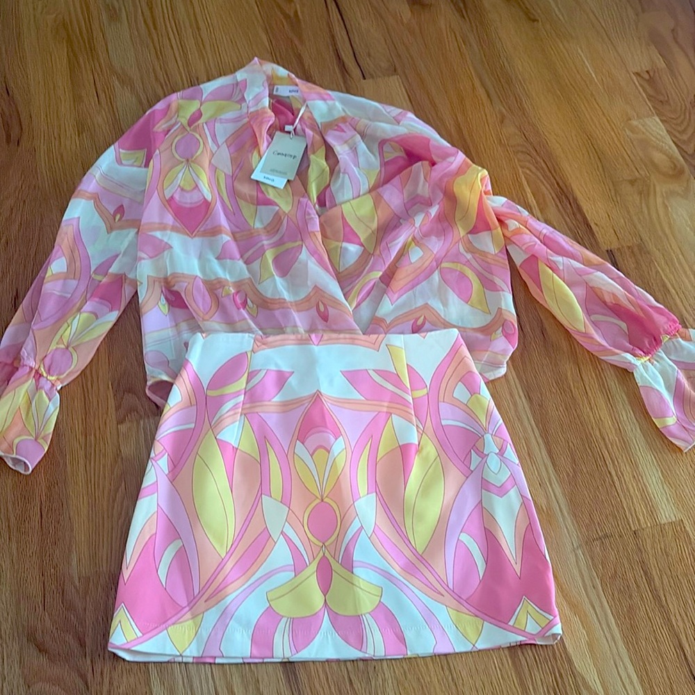 Mango geometric print skirt and shear blouse